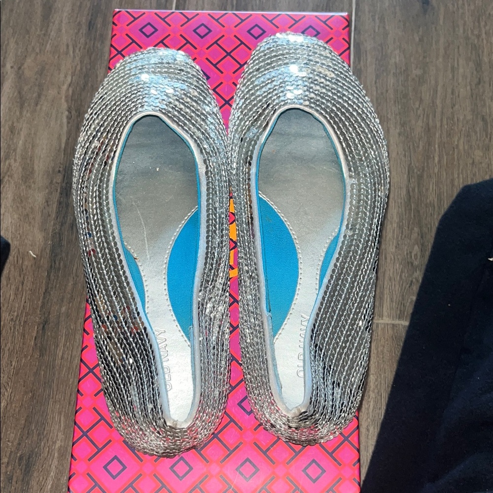 Old Navy Silver Braided Slip-On Flats with Blue Lining